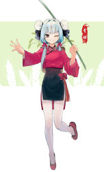 Rule 34 | 1girl, absurdres, bamboo, black dress, blue hair, bun cover, china dress, chinese clothes, clenched teeth, double bun, dress, flats, full body, green background, hair bun, hand up, highres, holding bamboo shoot, looking at viewer, medium hair, mole, mole under eye, one eye closed, original, pantyhose, red dress, red eyes, red footwear, sidelocks, solo, standing, standing on one leg, teeth, two-tone background, two-tone dress, waving, wheat, white background, white pantyhose, yuhezi