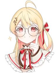 Rule 34 | 1girl, adjusting eyewear, ahoge, blonde hair, fortissimo, glasses, hair ornament, hololive, hololive dev is, long hair, musical note, musical note hair ornament, otonose kanade, portrait, red eyes, smile, sparkle, virtual youtuber, white background, zeroperpect