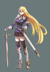 Rule 34 | 1girl, armband, black thighhighs, blonde hair, boots, emoto reishi, flower, full body, gauntlets, hand on own hip, highres, knee boots, lily (flower), long hair, orange eyes, original, pleated skirt, scabbard, sheath, simple background, skirt, sword, thighhighs, very long hair, weapon