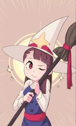Rule 34 | 1girl, absurdres, brown hair, hat, highres, kagari atsuko, little witch academia, one eye closed, red eyes, smile, solo, sparkle, subu art, witch, witch hat