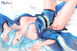 Rule 34 | 00s, 1girl, 96dgd, bad id, bad pixiv id, black panties, blue hair, breasts, dungeon and fighter, hair over one eye, hand on own head, highres, japanese clothes, kimono, large breasts, long hair, looking at viewer, obi, panties, red eyes, sash, short kimono, side-tie panties, solo, underwear, wide sleeves