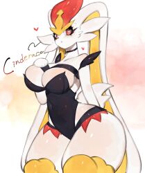 Rule 34 | 1girl, absurdres, bare arms, bare hips, bare shoulders, black choker, blush, breasts, choker, cinderace, cleavage, creatures (company), droopy ears, embarrassed, furry, furry female, game freak, gen 8 pokemon, hand on own chest, highres, large breasts, leotard, long ears, looking at viewer, navel, nintendo, playboy bunny, pokemon, pokemon (creature), rabbit ears, rabbit girl, rabbit tail, red eyes, red fur, red hair, sideboob, thick thighs, thighs, togetoge, white fur, wide hips, yellow fur