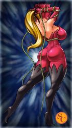 Rule 34 | 1girl, absurdres, ass, backboob, black footwear, blonde hair, boots, breasts, covered eyes, digimon, flower, full body, gradient background, high heel boots, high heels, highres, holding, large breasts, plant, rose, rosemon, solo, thigh boots, thighhighs, thorns, twisted torso, vine whip, weapon, whip, wide hips