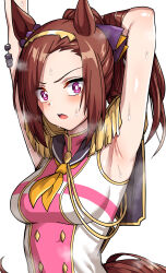 Rule 34 | 1girl, absurdres, aiguillette, animal ears, ao (user xcnx5328), arm behind head, armpits, arms up, black sailor collar, blush, bow, bright pupils, brown hair, commentary request, ear ribbon, epaulettes, frown, hair ribbon, hairband, hand on own arm, highres, horse ears, horse girl, horse tail, korean commentary, long bangs, long hair, looking at viewer, necktie, open mouth, orange necktie, pink shirt, ponytail, purple eyes, purple ribbon, ribbon, sailor collar, sakura bakushin o (umamusume), shirt, sleeveless, sleeveless shirt, solo, standing, steam, stretching, sweat, tail, umamusume, white pupils, yellow hairband