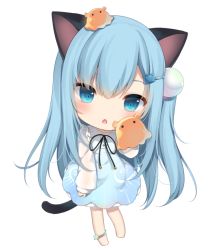 Rule 34 | 1girl, amashiro natsuki, animal ears, anklet, barefoot, blue dress, blue eyes, blue hair, cat ears, cat girl, cat tail, chibi, commentary request, dress, full body, hair between eyes, hair ornament, hairclip, jewelry, long sleeves, looking at viewer, on head, one side up, original, parted lips, puffy long sleeves, puffy sleeves, shirt, simple background, sleeveless, sleeveless dress, sleeves past wrists, solo, standing, star (symbol), tail, white background, white shirt