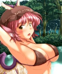 Rule 34 | 1girl, animal ears, armpits, arms up, bikini, blush, bow, breasts, cleavage, covered erect nipples, female focus, forest, hat, highres, large bow, large breasts, looking at viewer, mystia lorelei, nature, open mouth, pink hair, river, short hair, solo, swimsuit, tongue, tongue out, touhou, tree, upper body, winged hat, wings, yellow eyes, yoriyuki chiyo