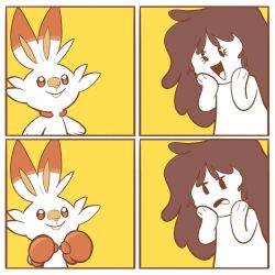 Rule 34 | 1girl, 4koma, :d, black eyes, boxing gloves, brown eyes, brown hair, rabbit, calisdraws, comic, commentary, creature, creatures (company), english commentary, eyelashes, flat chest, frown, game freak, gen 8 pokemon, hands on own face, happy, highres, long hair, nintendo, open mouth, original, pokemon, pokemon (creature), scorbunny, silent comic, simple background, smile, square 4koma, yellow background