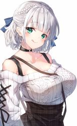 Rule 34 | 1girl, :q, between breasts, blue ribbon, blunt bangs, blush, braid, breasts, brown skirt, choker, cleavage, closed mouth, collarbone, commentary request, cross-laced clothes, darjeeling (reley), french braid, green eyes, hair ribbon, head tilt, highres, hololive, large breasts, long sleeves, looking at viewer, mole, mole on breast, o-ring, o-ring choker, off-shoulder sweater, off shoulder, plaid, plaid skirt, ribbon, shirogane noel, shirogane noel (casual), short hair, silver hair, simple background, skirt, solo, sweater, tongue, tongue out, unmoving pattern, upper body, virtual youtuber, white background, white sweater