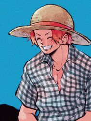 Rule 34 | 1boy, ^ ^, abunaideka, black pants, blue background, blush, checkered clothes, checkered shirt, closed eyes, collared shirt, commentary request, hat, highres, male focus, one piece, pants, red hair, shanks (one piece), shirt, short hair, simple background, smile, solo, straw hat, upper body