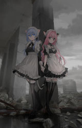 Rule 34 | 2girls, absurdres, alternate costume, animal ears, apron, black dress, black footwear, black thighhighs, blue eyes, blue hair, breasts, building, cat ears, cat girl, cat tail, chihuri, closed mouth, cloud, cloudy sky, commentary request, day, dress, ende (chihuri), enmaided, frilled apron, frilled thighhighs, frills, garter straps, gloves, hair between eyes, hair intakes, highres, holding hands, intertwined tails, juliet sleeves, kemonomimi mode, long sleeves, maid, maid headdress, medium breasts, multiple girls, nea (chihuri), original, outdoors, pink hair, puffy short sleeves, puffy sleeves, purple eyes, ruins, shoes, short sleeves, sky, smile, tail, thighhighs, white apron, white gloves, wrist cuffs