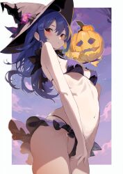 Rule 34 | 1girl, absurdres, bikini, black hat, blue hair, blush, breasts, cleavage, cloud, commentary request, frilled bikini, frills, from side, groin, halloween, hat, highres, hinanawi tenshi, jack-o&#039;-lantern, long hair, looking at viewer, medium breasts, navel, outdoors, red eyes, solo, swimsuit, tetsurou (fe+), touhou, witch hat