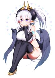 Rule 34 | 1girl, ahoge, bare shoulders, black bow, black bowtie, black panties, black thighhighs, black wings, blush, bow, bowtie, breasts, crop top, detached sleeves, ear piercing, eteru (mofuaki), feathered wings, full body, hair between eyes, hands on own cheeks, hands on own face, highres, horns, invisible chair, large breasts, long hair, long sleeves, mofuaki, original, panties, piercing, ponytail, purple eyes, simple background, sitting, skindentation, sleeves past wrists, solo, tail, thighhighs, triangle, underwear, white background, white hair, wings, yellow footwear