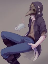 Rule 34 | 1boy, animal, bad id, bad pixiv id, blonde hair, boots, grey background, hands in pockets, highres, hood, hoodie, kagerou project, kano shuuya, male focus, mask, mouse (animal), plague doctor, short hair, simple background, solo, youko (kerumo105)
