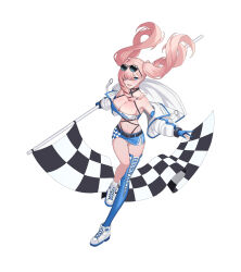 Rule 34 | 1girl, absurdres, armpits, belt, black choker, blue eyes, blue gloves, blue skirt, blue thighhighs, blush, braid, breasts, brown dust 2, character name, checkered flag, choker, cleavage, copyright name, crop top, eyewear on head, flag, full body, gloves, hair between eyes, hair over eyes, highres, jacket, large breasts, long hair, looking at viewer, luc (kor), miniskirt, off shoulder, open mouth, partially fingerless gloves, race queen, shoes, skirt, smile, sneakers, socks, solo, standing, sunglasses, sylvia (brown dust), thighhighs, twintails, very long hair, waving flag, white jacket, white socks, wind, zipper