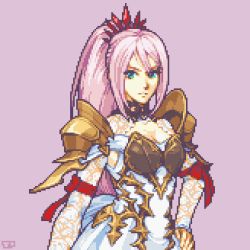 Rule 34 | 1girl, aqua eyes, arm ribbon, armor, breasts, cleavage, cleavage cutout, closed mouth, clothing cutout, commentary, dress, english commentary, eyelashes, gold trim, hair between eyes, hand on own hip, highres, lace sleeves, long hair, looking at viewer, medium breasts, ohyesitstim, pink hair, pixel art, plate armor, ponytail, purple background, red ribbon, ribbon, shionne (tales), shoulder armor, sidelocks, solo, tales of (series), tales of arise, upper body, white dress