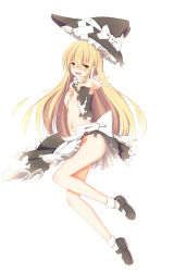 Rule 34 | 1girl, apron, black footwear, blonde hair, blush, bow, braid, ddt (darktrident), fang, flat chest, full body, hat, hat bow, highres, kirisame marisa, long hair, looking at viewer, navel, no panties, outstretched hand, side braid, simple background, single braid, socks, solo, team shanghai alice, tears, torn clothes, touhou, touhou ayaria epic, very long hair, waist apron, white background, white bow, witch hat, yellow eyes