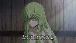 Rule 34 | 1girl, animated, anime screenshot, ass, breasts, c.c., closed eyes, code geass, collarbone, completely nude, geass, green hair, groin, hair over breasts, highres, large breasts, long hair, navel, nude, red eyes, sound, stomach, subtitled, symbol-shaped pupils, tagme, thighs, video