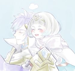 Rule 34 | 1boy, 1girl, armor, blue background, blue hair, blush, brother and sister, cape, closed mouth, closed eyes, fire emblem, fire emblem heroes, gradient hair, hrid (fire emblem), miyachi04, multicolored hair, nintendo, open mouth, short hair, shoulder armor, siblings, simple background, smile, tiara, white hair, ylgr (fire emblem)