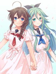 Rule 34 | 2girls, ahoge, alternate costume, blue background, blue eyes, blue neckerchief, blush, bow, braid, brown hair, cherry blossoms, dress, green eyes, green hair, hair between eyes, hair bow, hair flaps, hair ornament, hairclip, holding hands, ittokyu, kantai collection, long hair, looking at viewer, multiple girls, neckerchief, necktie, parted bangs, red necktie, sailor collar, shigure (kancolle), short sleeves, sidelocks, signature, single braid, smile, white dress, yamakaze (kancolle)