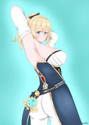 Rule 34 | 1girl, ass, bare shoulders, blonde hair, blue eyes, blush, bow, breasts, from behind, genshin impact, hair bow, highres, jean (genshin impact), large breasts, long hair, looking at the side, looking at viewer, pants, ponytail, seizayukio, shiny skin, sideboob, smile, solo, tailcoat, tight clothes, tight pants