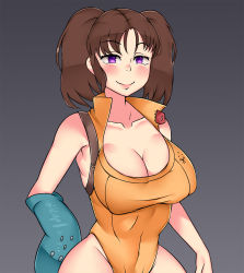 Rule 34 | 1girl, blush, bob (bobtheneet), breasts, brown hair, cleavage, collarbone, covered navel, diane (nanatsu no taizai), gauntlets, grey background, highres, large breasts, leotard, long hair, looking at viewer, nanatsu no taizai, orange leotard, purple eyes, single gauntlet, sleeveless, smile, solo, thick thighs, thighs, twintails, wide hips