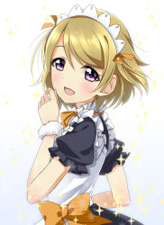 Rule 34 | 10s, 1girl, :d, bad id, bad pixiv id, blush, brown hair, frenchmaid (made in frenchmaid), fur trim, koizumi hanayo, looking at viewer, love live!, love live! school idol festival, love live! school idol project, maid, maid headdress, open mouth, purple eyes, short hair, smile, solo, sparkle, upper body