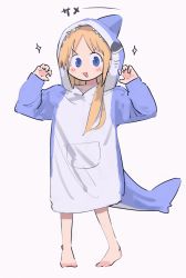 Rule 34 | 1girl, :d, animal costume, animal hood, barefoot, blonde hair, blue eyes, blush stickers, claw pose, commentary request, fake tail, fins, fish tail, full body, hands up, highres, hood, hood up, looking at viewer, naka (buttergirl 02), open mouth, original, parted bangs, pink background, shark costume, shark hood, shark tail, simple background, sleeves past wrists, smile, solo, sparkle, standing, tail, v-shaped eyebrows