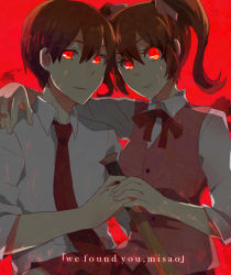 Rule 34 | 1boy, 1girl, aisuruhoshi, aki (misao), akito (misao), arms around neck, baseball bat, blood, blood on face, bow, brown hair, buttons, closed eyes, collared shirt, constricted pupils, english text, glowing, glowing eyes, hair bow, hair ornament, hair ribbon, hands on shoulder, hetero, holding hands, kumashige, light smile, misao, nabidka, necktie, red background, red eyes, red necktie, red ribbon, red theme, ribbon, school uniform, shirt, short hair, short ponytail, sidelocks, simple background, skirt, sleeves rolled up, smile, spoilers, text focus, twintails, uniform, upper body, weapon, white shirt