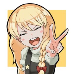 Rule 34 | 1girl, black vest, blonde hair, blush, border, bow, braid, closed eyes, commentary request, cookie (touhou), hair bow, johnnyyyyy, kirisame marisa, long hair, no headwear, open mouth, outline, red bow, shirt, side braid, simple background, single braid, solo, star (symbol), suzu (cookie), touhou, turtleneck, upper body, v, vest, white border, white shirt, yellow background