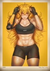 Rule 34 | 1girl, abs, absurdres, bike shorts, blonde hair, border, breasts, character name, cleavage, copyright name, fingerless gloves, gloves, gluteal fold, groin, hair between eyes, highres, kuon (kwonchanji), large breasts, long hair, looking at viewer, messy hair, mixed martial arts, mma gloves, muscular, muscular female, navel, prosthesis, prosthetic arm, raite, realistic, red eyes, rwby, smile, solo, sports bra, thighs, ultimate fighting championship, white border, yang xiao long, yellow background