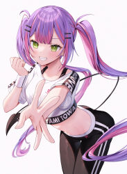 Rule 34 | 1girl, absurdres, green eyes, hairpin, highres, hololive, hololive dance practice uniform, looking at viewer, multiple hairpins, purple eyes, runlan 0329, shirt, short sleeves, simple background, smile, solo, tokoyami towa, twintails, virtual youtuber, white shirt