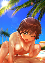 Rule 34 | 1girl, absurdres, beach, bikini tan, blue sky, blurry, blurry background, blush, breasts, brown eyes, brown hair, censored, collarbone, cowgirl position, day, erection, female pubic hair, girl on top, happy sex, highres, honda mio, idolmaster, idolmaster cinderella girls, jewelry, kilesha, long hair, lying, male pubic hair, medium breasts, navel, necklace, nipples, nude, on back, one eye closed, open mouth, outdoors, palm tree, penis, pubic hair, sex, shiny skin, short hair, sky, solo focus, spread legs, squatting, straddling, tan, tanline, tongue, tongue out, tree, vaginal, water, wet