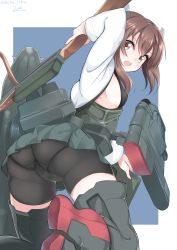 Rule 34 | 10s, 1girl, absurdres, armpits, ass, bike shorts, bow (weapon), breasts, brown eyes, brown hair, cameltoe, crossbow, flight deck, hair between eyes, headband, headgear, highres, kantai collection, looking at viewer, looking back, machinery, muneate, nebusoku, panties under bike shorts, pleated skirt, see-through, short hair, sideboob, skindentation, skirt, small breasts, solo, taihou (kancolle), thighs, weapon