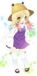 Rule 34 | 1girl, blonde hair, blush, blush stickers, bow legwear, fang, female focus, full body, gradient hair, hair ribbon, hands in opposite sleeves, hat, high collar, kokorominton, long hair, looking at viewer, mary janes, moriya suwako, multicolored hair, open mouth, petticoat, ribbon, shoes, sidelocks, simple background, skirt, smile, solo, spot color, standing, thighhighs, touhou, vest, white background, white thighhighs, wide sleeves, yellow eyes