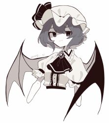 Rule 34 | 1girl, ascot, bat wings, black ascot, black ribbon, brooch, collared shirt, cropped torso, fang, fang out, hat, hat ribbon, highres, jewelry, medium hair, mob cap, muted color, negi si, puffy short sleeves, puffy sleeves, remilia scarlet, ribbon, shirt, short sleeves, simple background, skin fang, solo, touhou, twitter username, upper body, white background, white hat, white shirt, wings