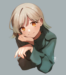 Rule 34 | 1girl, blonde hair, closed mouth, commentary request, cropped torso, fingernails, green sweater, grey background, hair behind ear, hand on own cheek, hand on own face, hands up, head rest, highres, light blush, long sleeves, looking at viewer, okeno kamoku, orange eyes, original, parted bangs, short hair, signature, simple background, smile, solo, sweater, upper body