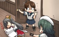Rule 34 | 10s, 3girls, black hair, brown hair, cape, commentary, dated, detached sleeves, door, dying message, empty eyes, flying sweatdrops, gloves, green hair, hair between eyes, hamu koutarou, haruna (kancolle), hat, head bump, headgear, highres, kantai collection, kiso (kancolle), long hair, low twintails, multiple girls, pleated skirt, pointing, sailor hat, school uniform, serafuku, shaking head, shirayuki (kancolle), short twintails, skirt, solid oval eyes, sweat, tearing up, translated, trembling, twintails