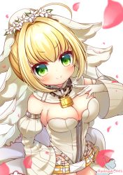 Rule 34 | &gt;:), 1girl, ahoge, belt, belt buckle, blonde hair, blush, breasts, buckle, cleavage, closed mouth, commentary request, detached sleeves, fate/extra, fate/extra ccc, fate (series), flower, full-length zipper, gloves, green eyes, hair flower, hair intakes, hair ornament, hand on own hip, hand up, juliet sleeves, large breasts, leotard, long sleeves, nero claudius (bride) (fate), nero claudius (bride) (second ascension) (fate), nero claudius (fate), nero claudius (fate) (all), petals, puffy sleeves, sidelocks, simple background, sleeves past wrists, smile, solo, strapless, strapless leotard, twitter username, v-shaped eyebrows, veil, white background, white flower, white gloves, white leotard, white sleeves, wide sleeves, yellow belt, yukiyuki 441, zipper