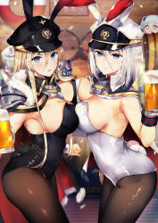 Rule 34 | 2girls, adapted costume, alcohol, animal ears, arched back, armor, armpits, azur lane, bare shoulders, beer, beer mug, bismarck (azur lane), blonde hair, blue eyes, blunt bangs, blurry, blush, bokeh, bow, breasts, cleavage, cowboy shot, cross, cup, depth of field, detached collar, fake animal ears, from side, gloves, gorget, hair between eyes, hat, highres, indoors, iron cross, jewelry, large breasts, leotard, long hair, looking at viewer, mug, multiple girls, open mouth, pantyhose, pauldrons, peaked cap, playboy bunny, rabbit ears, rabbit tail, short hair, shoulder armor, silver hair, standing, symbol-shaped pupils, tail, tetsubuta, thighs, tirpitz (azur lane), wrist cuffs