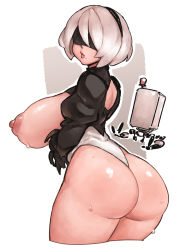 Rule 34 | 1girl, 1other, 2b (nier:automata), ass, blindfold, breasts, breasts out, curvy, female focus, highleg, highleg leotard, highres, huge ass, large breasts, leotard, looking at viewer, nier:automata, nier (series), nipples, parted lips, pod (nier:automata), revealing clothes, shiny skin, simple background, thick thighs, thighs, thong leotard, white hair, white leotard, wide hips, zako (arvinry)
