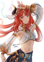 Rule 34 | 1girl, arm up, armpits, breasts, dancer, dancing, eyebrows hidden by hair, fake horns, genshin impact, gnsn tukituki, grey eyes, highres, horns, long hair, looking at viewer, medium breasts, nail, nilou (genshin impact), red hair, simple background, skirt, small breasts, smile, solo, stomach, white background