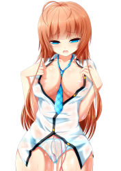 Rule 34 | 1girl, antenna hair, aqua necktie, between breasts, blouse, blue eyes, blush, breasts, brown hair, collared shirt, cowboy shot, half-closed eyes, highres, large breasts, long hair, necktie, no bra, open mouth, original, panties, plaid necktie, pussy juice, pussy juice drip through clothes, pussy juice stain, see-through, sex toy, shirt, simple background, solo, syroh, underwear, very long hair, vibrator, vibrator under clothes, vibrator under panties, wet, wet clothes, wet panties, wet shirt, white background, white shirt, wide hips