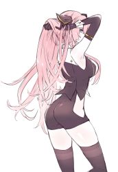 Rule 34 | 1girl, adjusting hair, arms up, black gloves, black shirt, black shorts, black thighhighs, blue eyes, commentary, cowboy shot, elbow gloves, from behind, gloves, hand in own hair, highres, kkr rkgk, long hair, looking at viewer, looking back, megurine luka, pink hair, ponytail, project diva (series), shiny skin, shirt, shorts, skindentation, sleeveless, sleeveless shirt, solo, standing, temptation (module), thighhighs, very long hair, vocaloid, waist cutout, wrist cuffs
