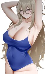 Rule 34 | 1girl, absurdres, akane (blue archive), arind yudha, armpits, arms behind head, arms up, bare shoulders, blue archive, blue one-piece swimsuit, blush, breasts, brown eyes, collarbone, covered navel, glasses, hair between eyes, halo, highres, large breasts, light brown hair, long hair, looking at viewer, one-piece swimsuit, solo, swimsuit