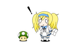 Rule 34 | 0 0, 1-up mushroom, 1girl, 1up, absurdres, blonde hair, blue eyes, blue hairband, commentary request, crossover, dress, gambier bay (kancolle), hairband, highres, kantai collection, kinoko (benitengudake), map (object), mario (series), mushroom, nintendo, sailor dress, simple background, solo, thighhighs, twintails, white background, white thighhighs
