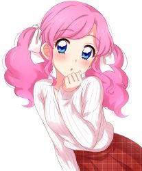 Rule 34 | 1girl, :o, aikatsu!, aikatsu! (series), amahane madoka, blush, checkered clothes, checkered skirt, hair ribbon, hand to own mouth, hand up, highres, long sleeves, looking at viewer, parted lips, pink hair, ribbed sweater, ribbon, sekina, simple background, skirt, solo, sweater, twintails, unmoving pattern, upper body, white background, white sweater