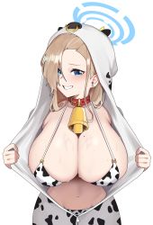 Rule 34 | 1girl, absurdres, animal print, asuna (blue archive), bell, bikini, bikini under clothes, blonde hair, blue archive, blue eyes, breasts, cardigan, collar, cow hood, cow print, cowbell, ear piercing, grin, halo, highres, hood, hoodie, huge breasts, jacket, long hair, mole, mole on breast, navel, neck bell, open cardigan, open clothes, open jacket, piercing, red collar, simple background, smile, solo, stomach, swimsuit, wet, white background, yzr (yzr99)