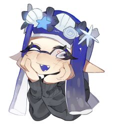 Rule 34 | 1girl, black sweater, blue hair, commentary, commission, cropped torso, eyelashes, hands on own face, head wreath, highres, inkling, inkling girl, inkling player character, long hair, nintendo, one eye closed, open mouth, pointy ears, redbeanpie0, simple background, smile, solo, splatoon (series), splatoon 3, sweater, teeth, tentacle hair, upper body, white background