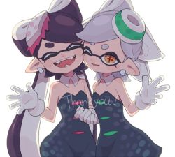 Rule 34 | + +, 2girls, bad id, bad twitter id, black dress, black hair, black jumpsuit, brown eyes, callie (splatoon), closed eyes, commentary request, cousins, cowboy shot, detached collar, dress, earrings, english text, fangs, food, food on head, gloves, gomi (kaiwaresan44), grey hair, inkling, jewelry, jumpsuit, long hair, looking at viewer, marie (splatoon), mole, mole under eye, multiple girls, nintendo, object on head, open mouth, parted lips, short dress, short hair, short jumpsuit, simple background, smile, splatoon (series), splatoon 1, standing, strapless, strapless dress, sushi, tentacle hair, thank you, waving, white background, white gloves