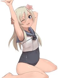 Rule 34 | 1girl, arm up, armpits, bare arms, bare legs, bare shoulders, barefoot, black one-piece swimsuit, blonde hair, blue eyes, blue sailor collar, blush, flower, hair between eyes, hair flower, hair ornament, highres, honmakaina kudou, kantai collection, long hair, one-piece swimsuit, one eye closed, open mouth, pink flower, ro-500 (kancolle), sailor collar, sailor shirt, school swimsuit, shirt, simple background, sleeveless, sleeveless shirt, smile, solo, swimsuit, swimsuit under clothes, white background, white shirt